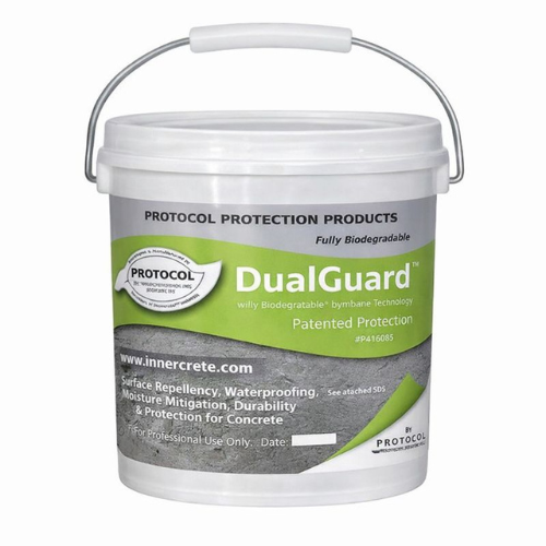 Bucket of DualGuard concrete protection product with Protocol Protection Products branding.